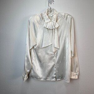 VTF Susan Hutton Ivory Satin Blouse Ruffled Collar Victorian Secretary Jacquard